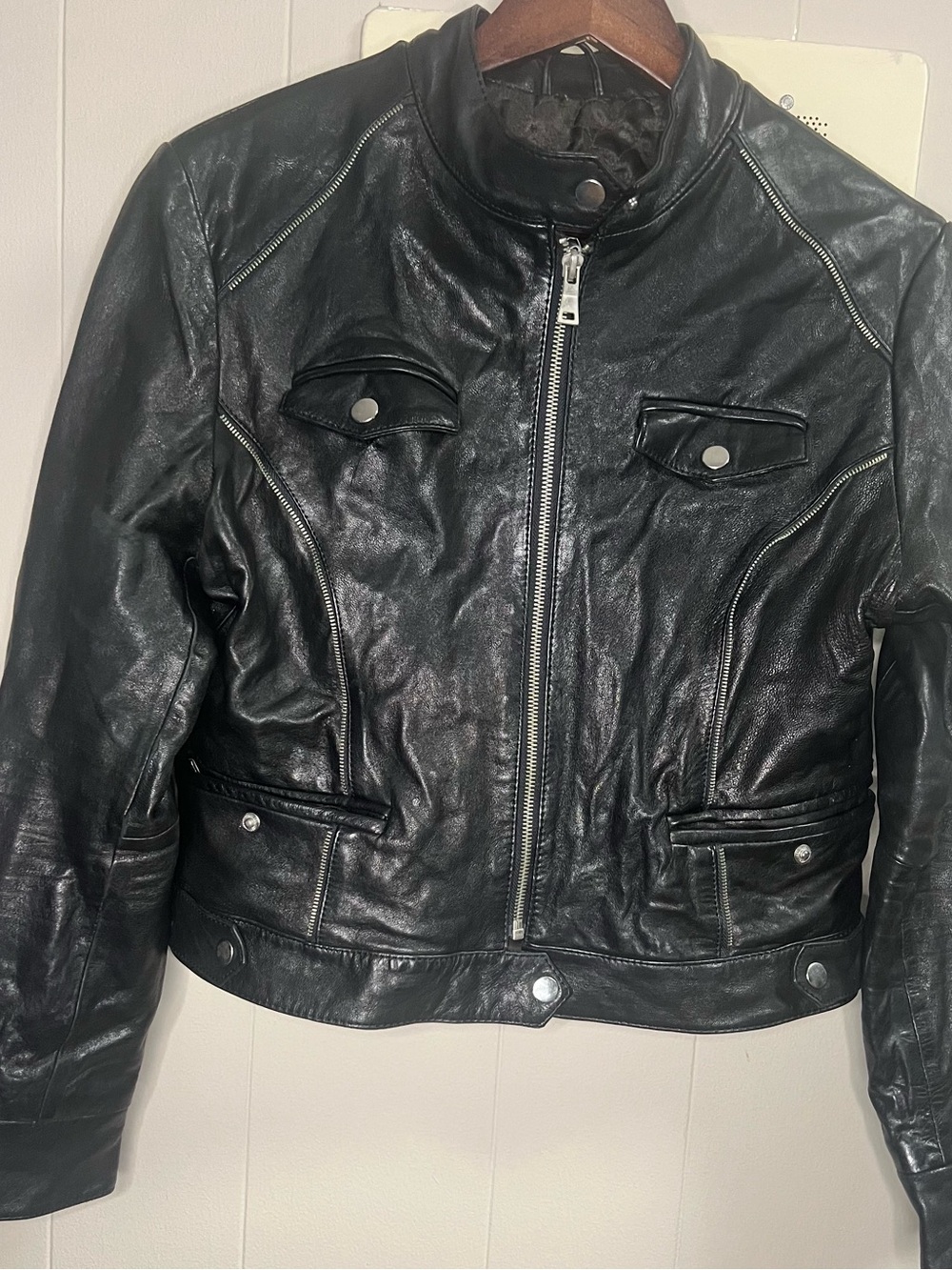 Vintage K&C Genuine Leather Cropped Moto Biker Jacket - Distressed Black XL